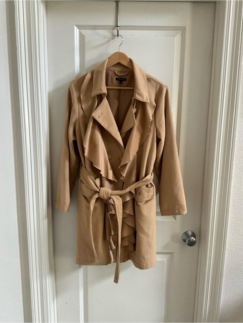 Samuel Dong Camel Ruffled Belted Trench Coat